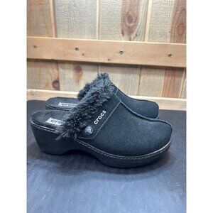 Crocs Womens Black Fuzzy Lined Suede Slip On Slippers With Clog Heel Size 7